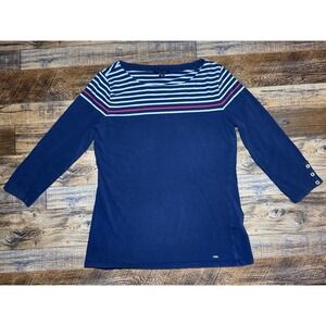 Tommy Hilfiger Women's Size M Navy White Pink Stripe 3/4 Sleeve Top Casual Class